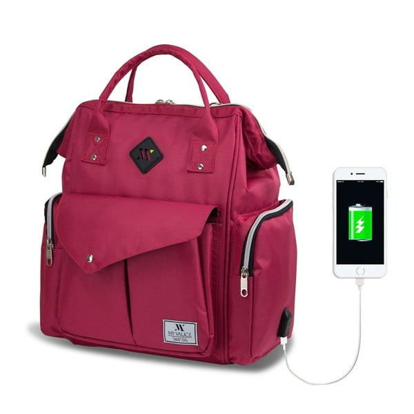 Fuksijas krāsas mugursoma māmiņām ar USB pieslēgvietu My Valice HAPPY MOM Baby Care Backpack