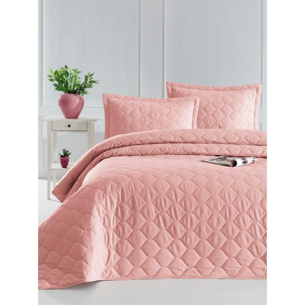 Rozā kokvilnas gultas pārklājs ar 2 spilvendrānām EnLora Home Fresh, 225 x 240 cm