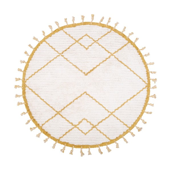 Balts ar dzeltenu ar rokām darināts kokvilnas paklājs Nattiot, ø 120 cm