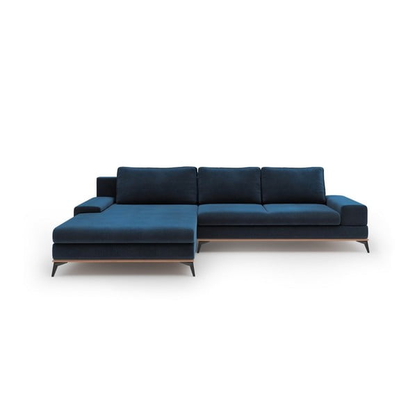 Tumši zils samta izvelkamais stūra dīvāns ar veļas kasti Windsor & Co Sofas Astre, kreisais stūris