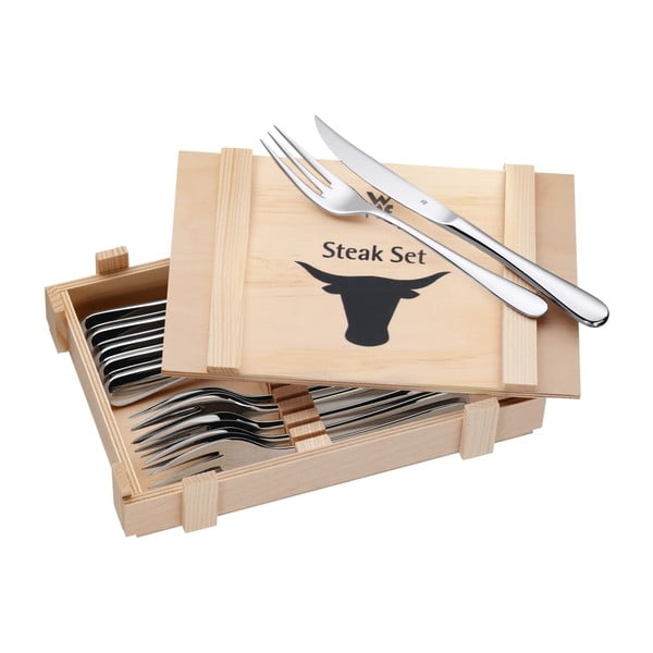 6 steiku galda piederumu komplekts koka kastē WMF Cromargan®
