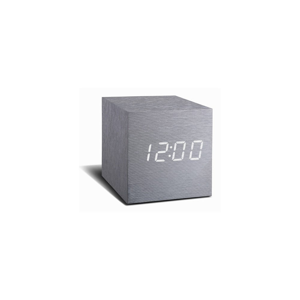 Pelēks modinātājs ar baltu LED displeju Gingko Cube Click Clock