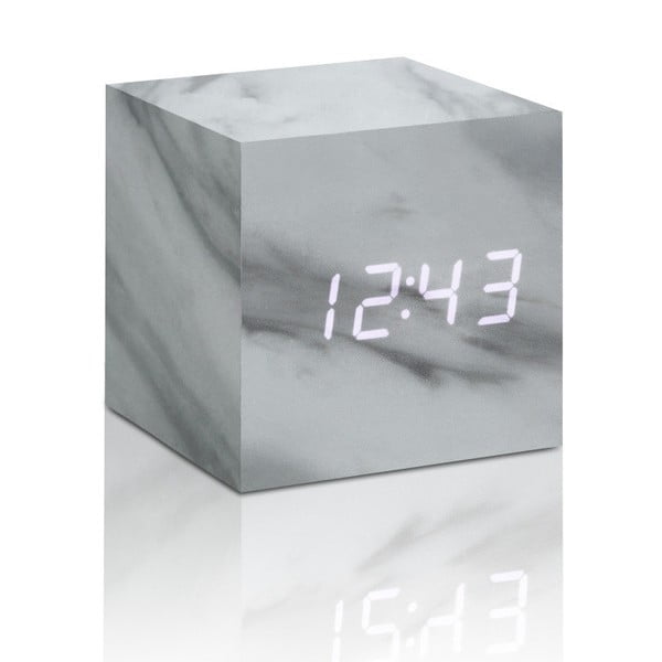 Pelēks modinātāja pulkstenis marmora dekorā ar baltu LED displeju Gingko Cube Click Clock