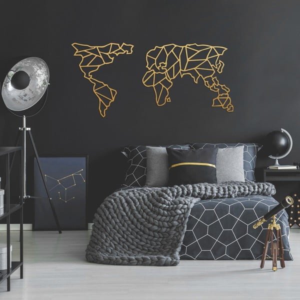 Metāla sienas dekors zelta krāsā Geometric World Map, 120 x 58 cm