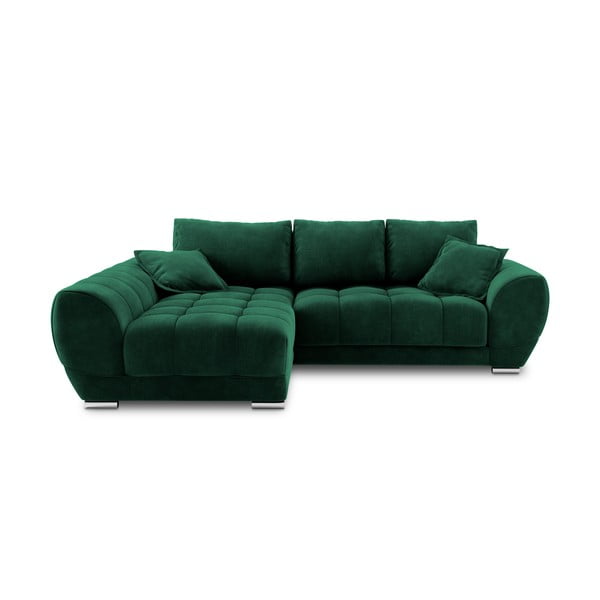 Tumši zaļš samta izvelkamais stūra dīvāns ar veļas kasti Windsor & Co Sofas Nuage, kreisais stūris
