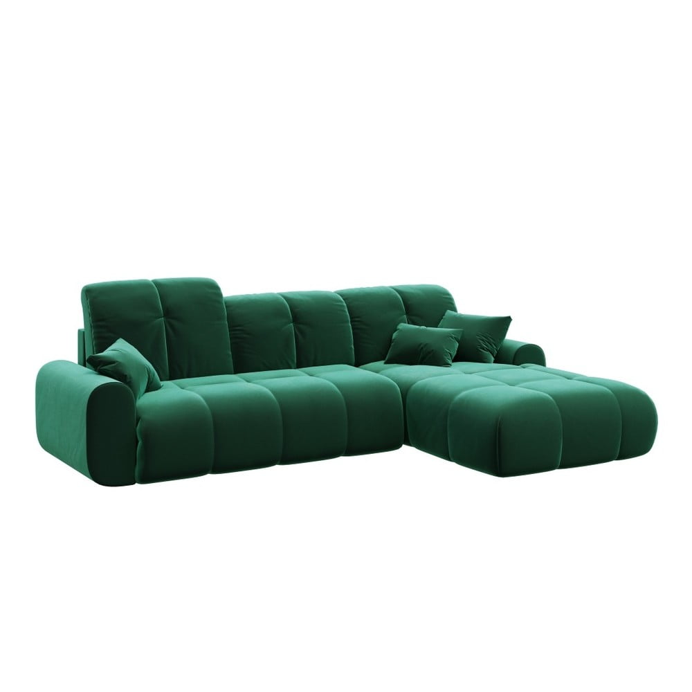 Tumši zaļa samta stūra dīvāns-guļamvieta Devichy Tous, labais stūris