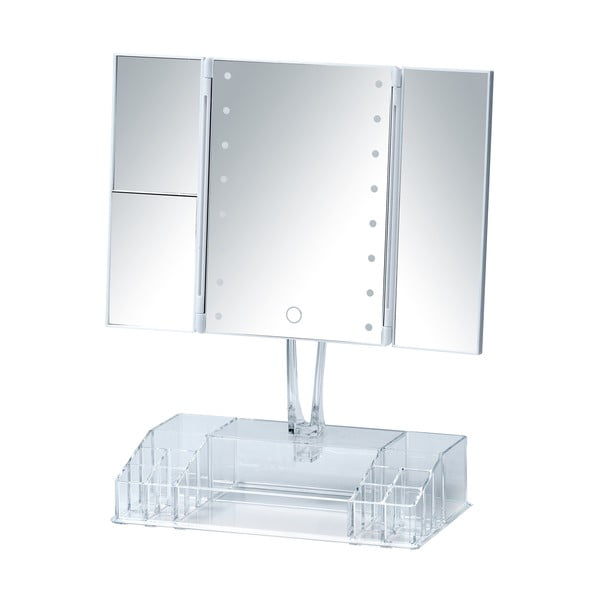Balts salokāms kosmētikas spogulis ar LED apgaismojumu un kosmētikas organizatoru Fanano