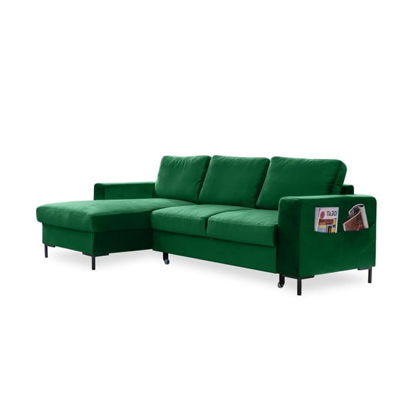 Tumši zaļš samta izlaižams stūra dīvāns Miuform Lofty Lilly, kreisais stūris