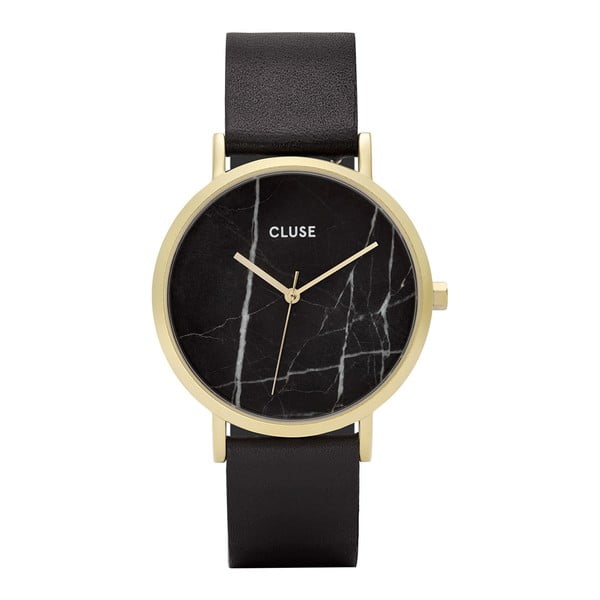 Sieviešu melns pulkstenis ar ādas siksniņu un marmora ciparnīcu Cluse La Roche Rose