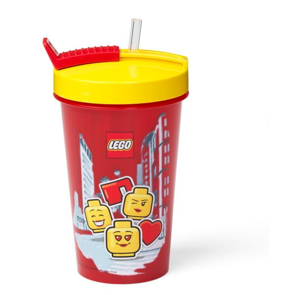 Sarkana krūze ar dzeltenu vāciņu un salmiņu LEGO® Iconic, 500 ml
