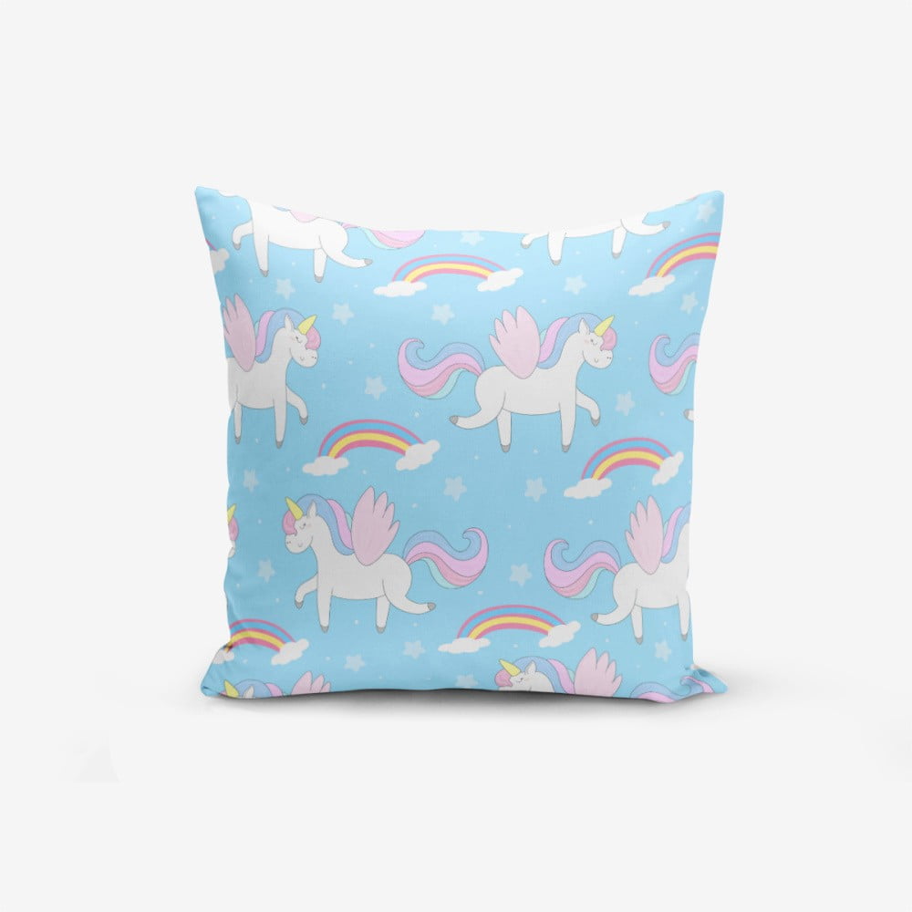 Spilvendrāna Minimalist Cushion Covers Blue Background Unicorn Rainbows, 45 x 45 cm