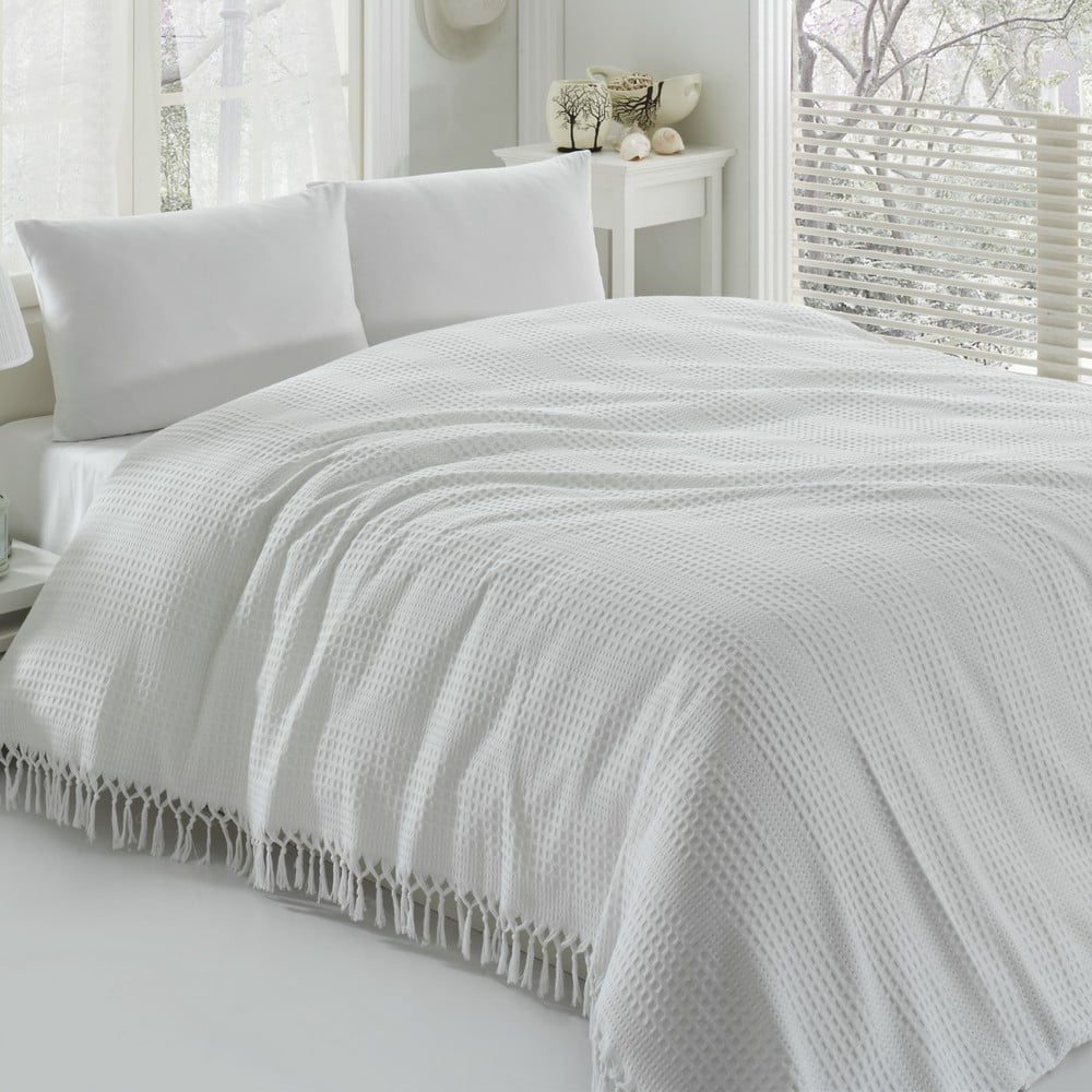 Balts kokvilnas viegls divguļamās gultas pārklājs Pique, 220 x 240 cm