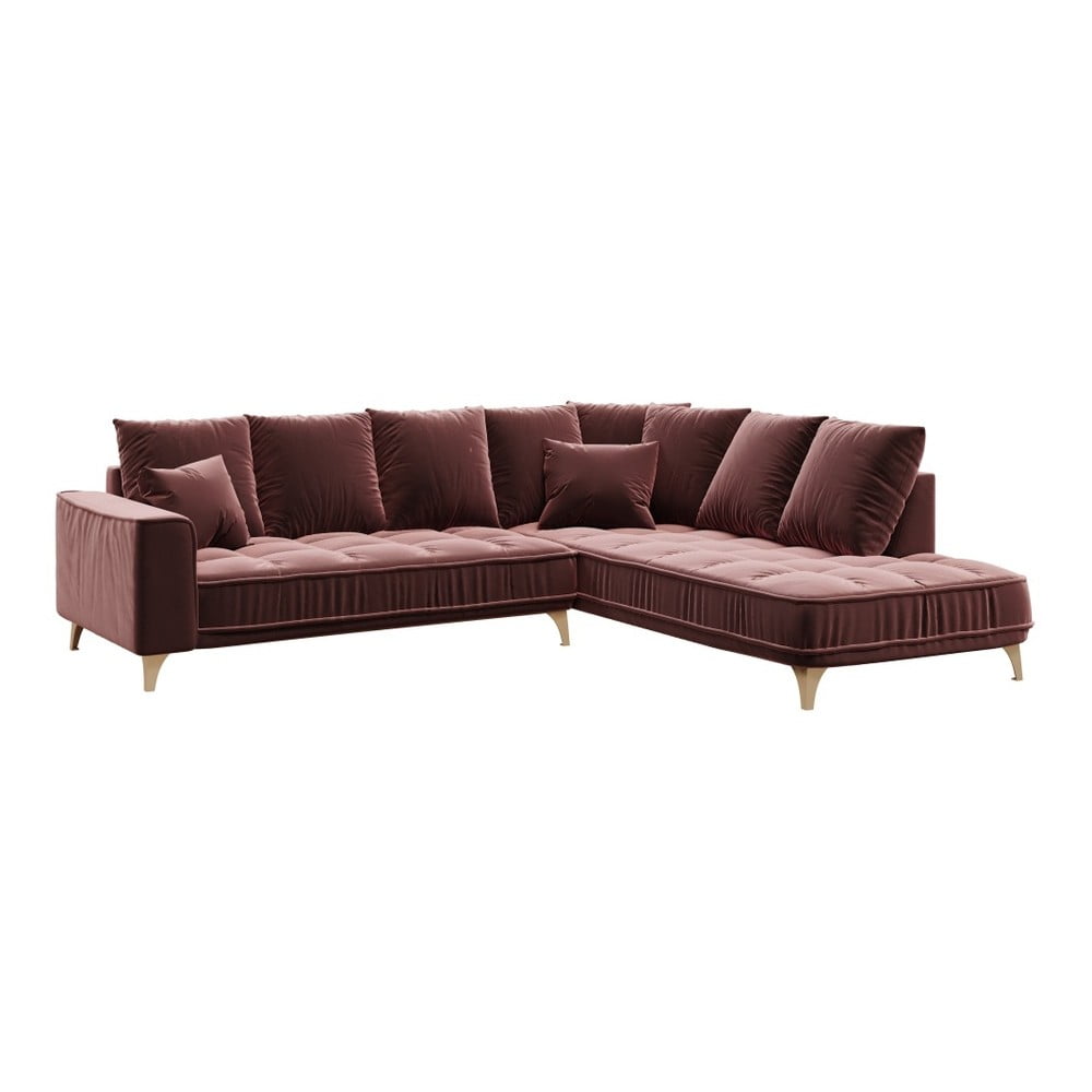 Tumši rozā samta stūra dīvāns Devichy Chloe, labais stūris, 288 cm