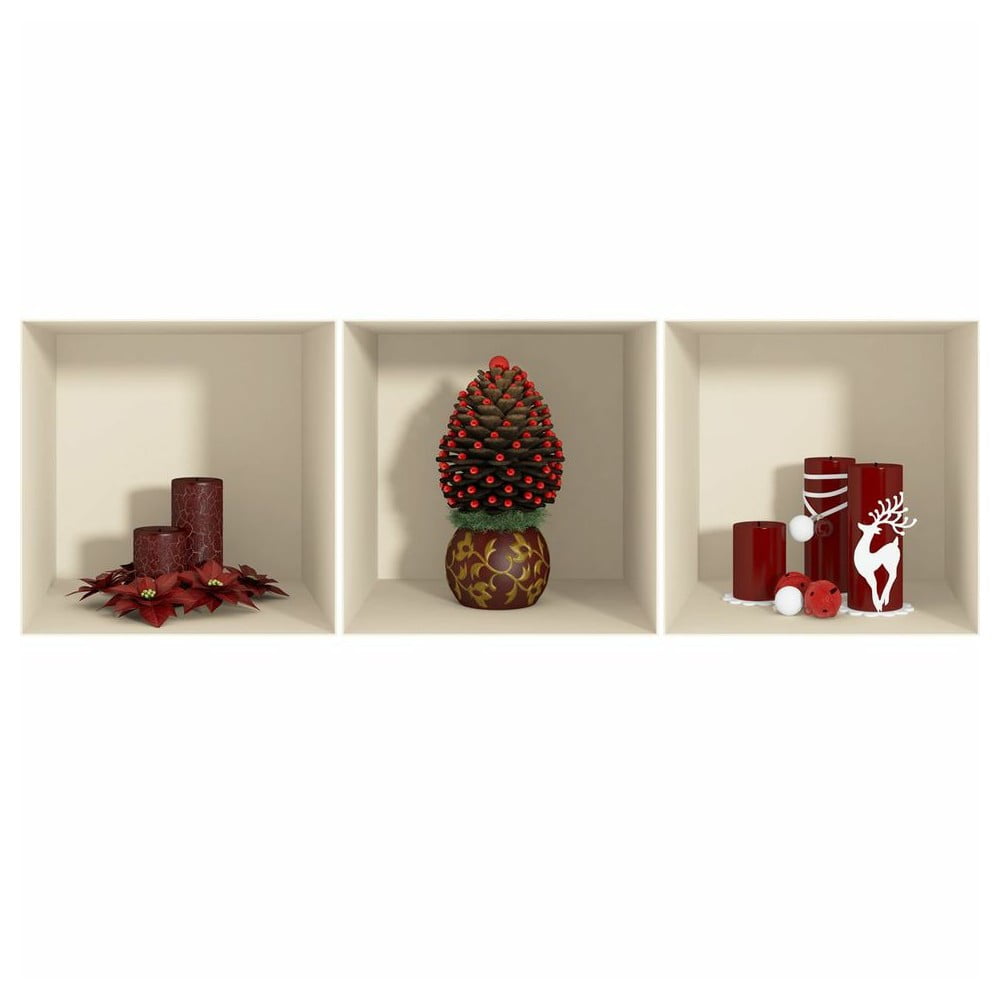 3 Ziemassvētku uzlīmju komplekts ar 3D efektu Ambiance Red Candles and Christmas Tree