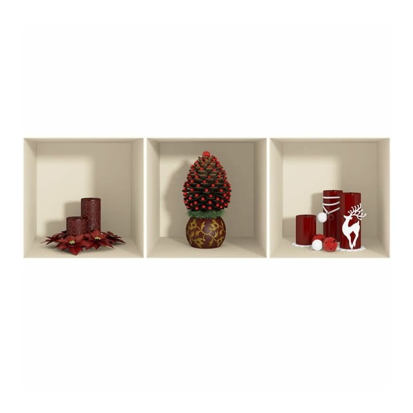 3 Ziemassvētku uzlīmju komplekts ar 3D efektu Ambiance Red Candles and Christmas Tree