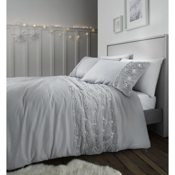 Pelēka mikroplīša gultasveļa Catherine Lansfield Cosy Snowflake, 135 x 200 cm