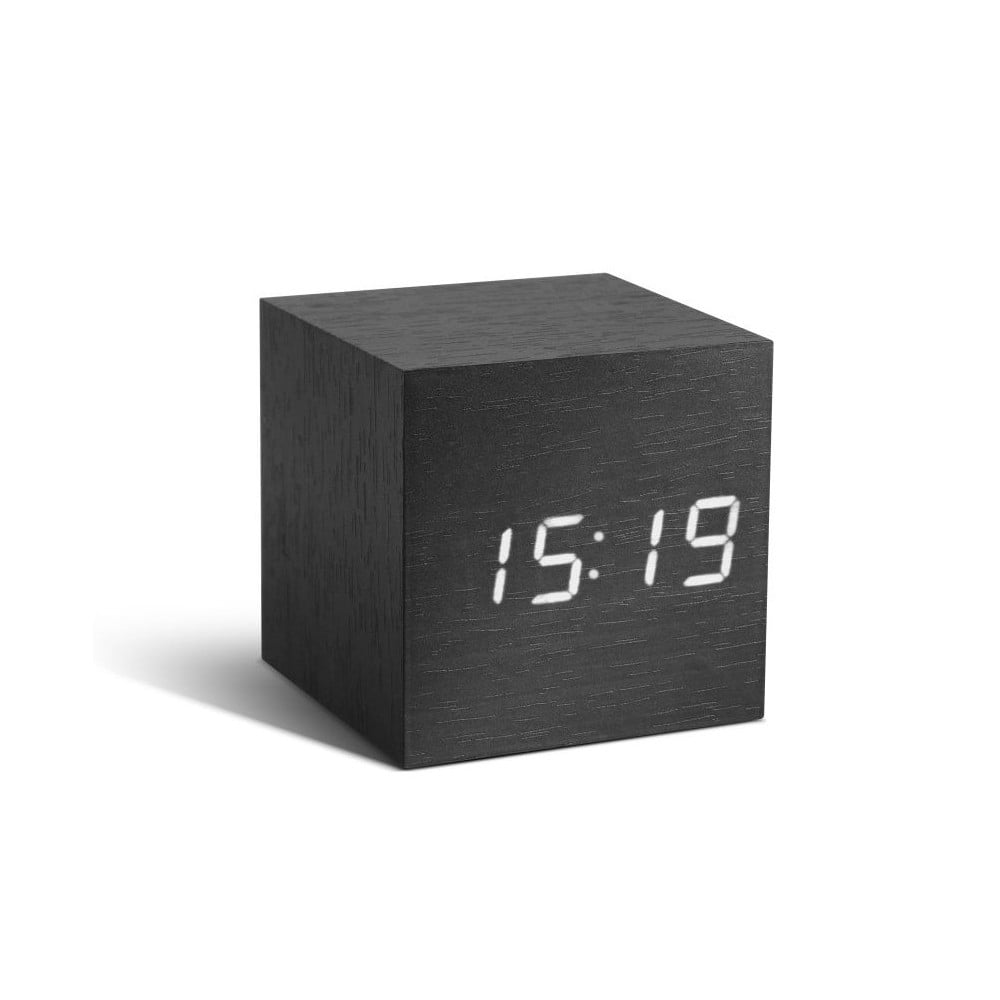 Tumši pelēks modinātājs ar baltu LED displeju Gingko Cube Click Clock