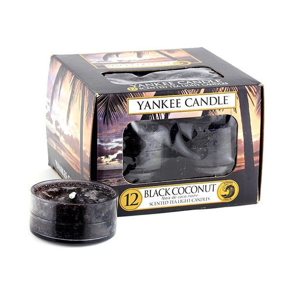 12 aromātisko sveču komplekts Yankee Candle Black Coconut, degšanas laiks 4 - 6 stundas.