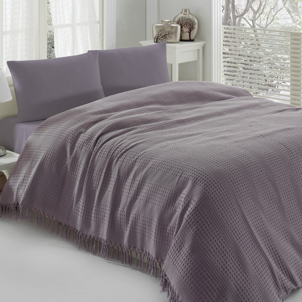 Violets kokvilnas divguļamās gultas pārklājs Pique, 220 x 240 cm