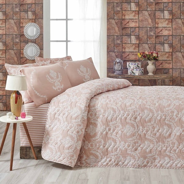 Rozā divguļamās gultas pārklājs ar spilvendrānām Livia, 200 x 220 cm