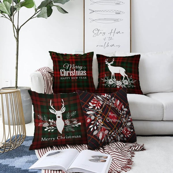 4 Ziemassvētku šenila spilvenu pārvalku komplekts Minimalist Cushion Covers Tartan Merry Christmas, 55 x 55 cm