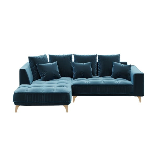 Tumši zils samta stūra dīvāns Devichy Chloe, kreisais stūris, 256 cm
