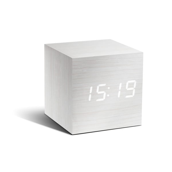 Balts modinātājs ar baltu LED displeju Gingko Cube Click Clock
