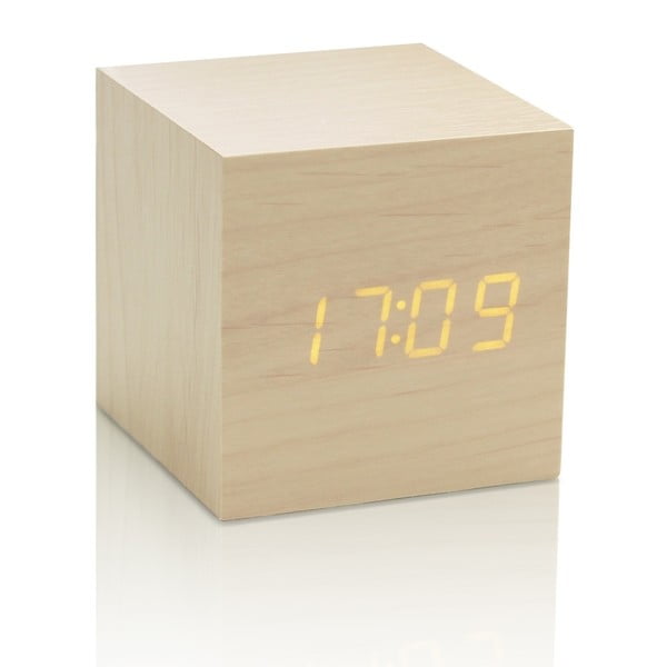Gaiši bēšs modinātājs ar dzeltenu LED displeju Gingko Cube Click Clock