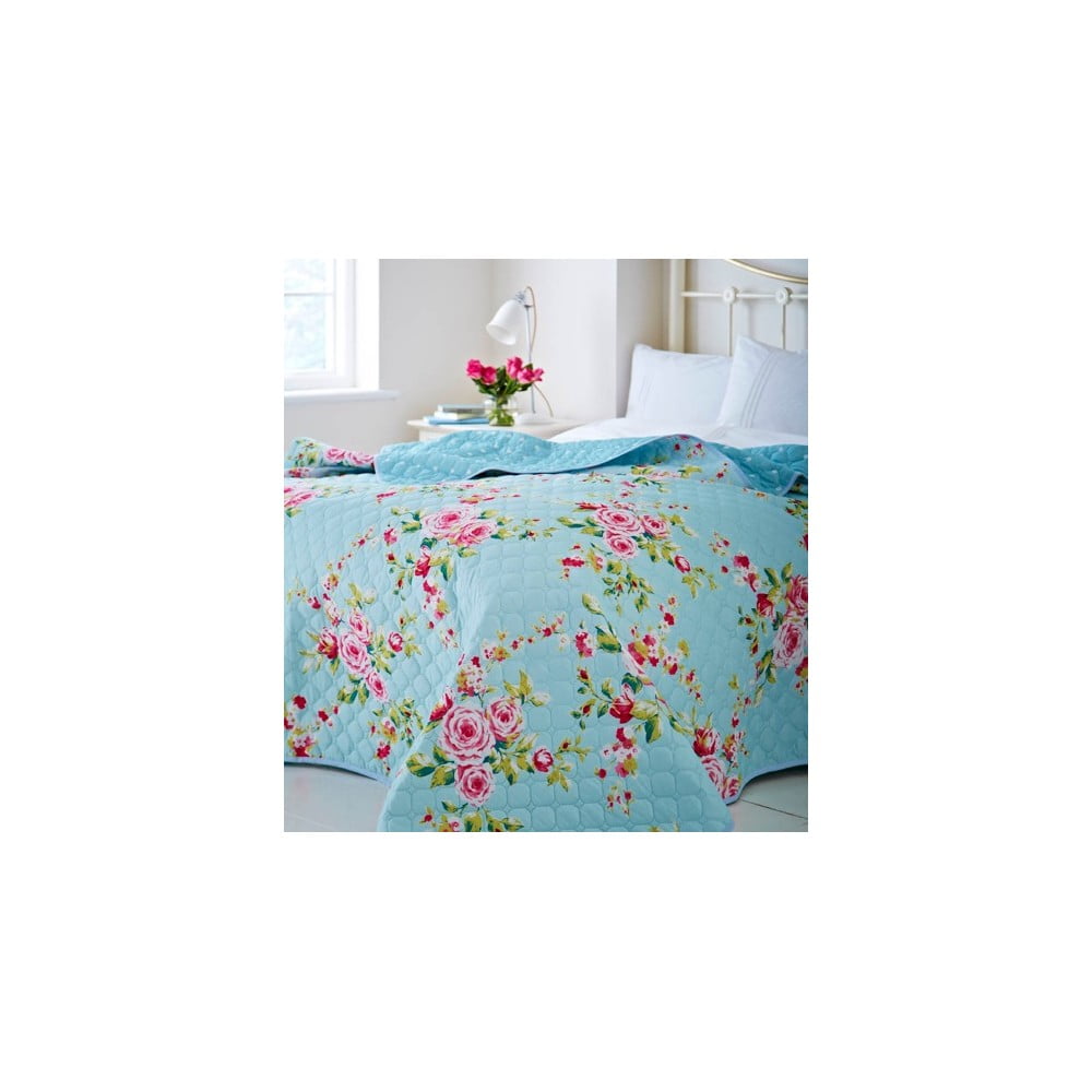 Gaiši zils gultas pārklājs ar rožu motīvu Catherine Lansfield Canterbury, 240 x 260 cm