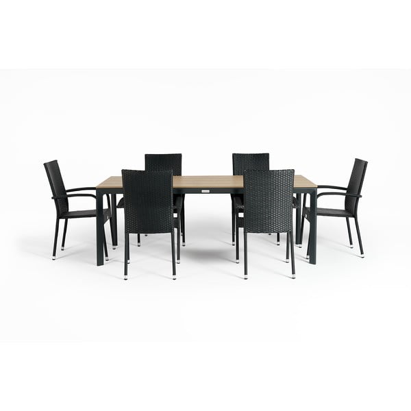 Dārza mēbeļu komplekts 6 personām ar melniem Paris krēsliem un Thor galdu, 210 x 90 cm